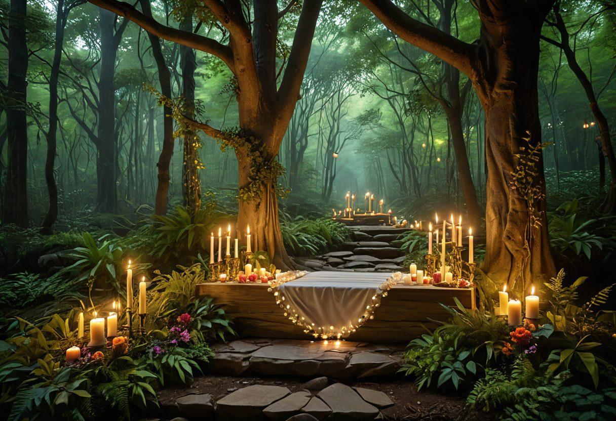 A serene landscape featuring a tranquil forest with ethereal light filtering through the leaves, symbolizing the connectivity of nature and spirituality. In the foreground, a beautifully designed altar with colorful handcrafted objects and glowing candles, representing soulful design. Soft, flowing elements like ribbons or fabrics that connect the forest to the altar, enhancing the theme of enchantment. The atmosphere is mystical, inviting the viewer to discover a deeper sense of peace and creativity. super-realistic. vibrant colors.