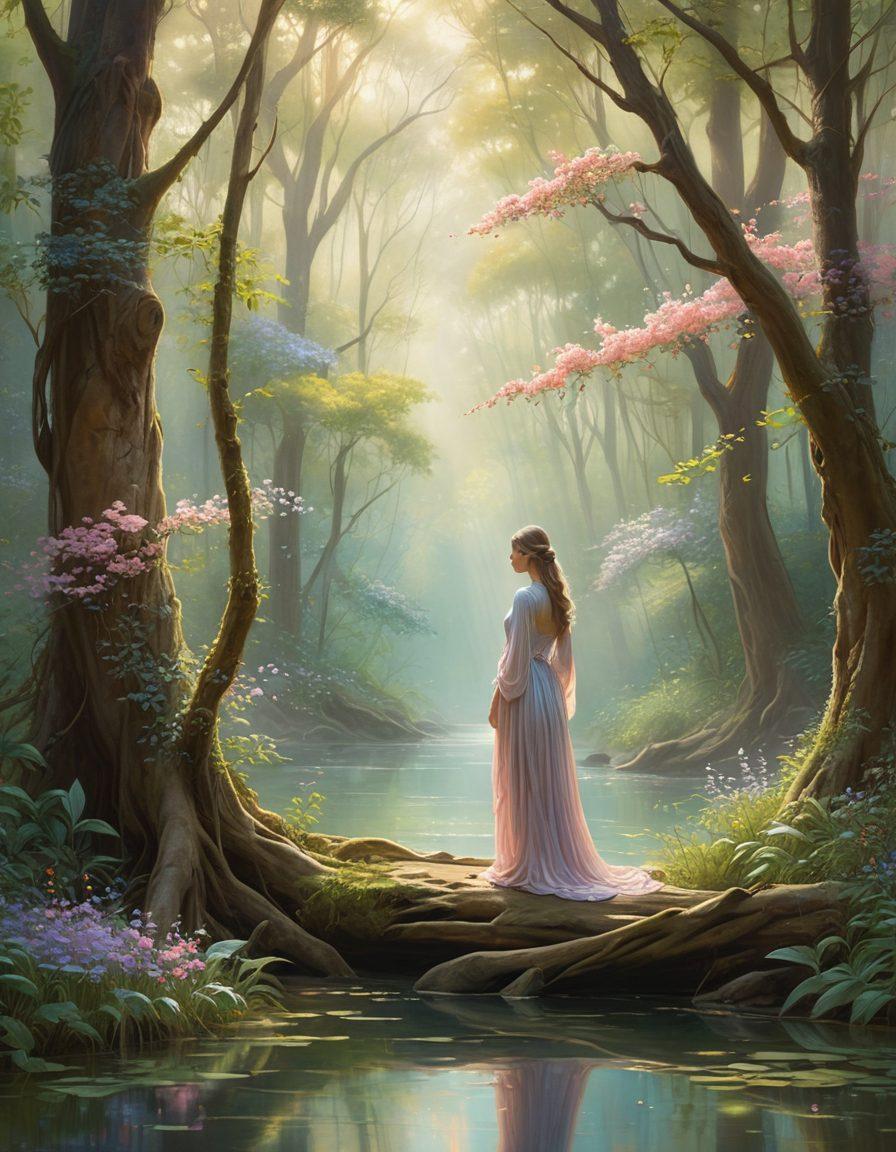 A serene landscape featuring a misty forest with ethereal light streaming through the trees, creating a mystical ambiance. Include a meditative figure in flowing garments, surrounded by floating, shimmering orbs that represent spiritual energy. Soft pastel colors blend harmoniously, inviting a sense of tranquility and introspection. Illustrate delicate floral patterns in the foreground to symbolize beauty and growth. ethereal painting. vibrant colors. soft focus.