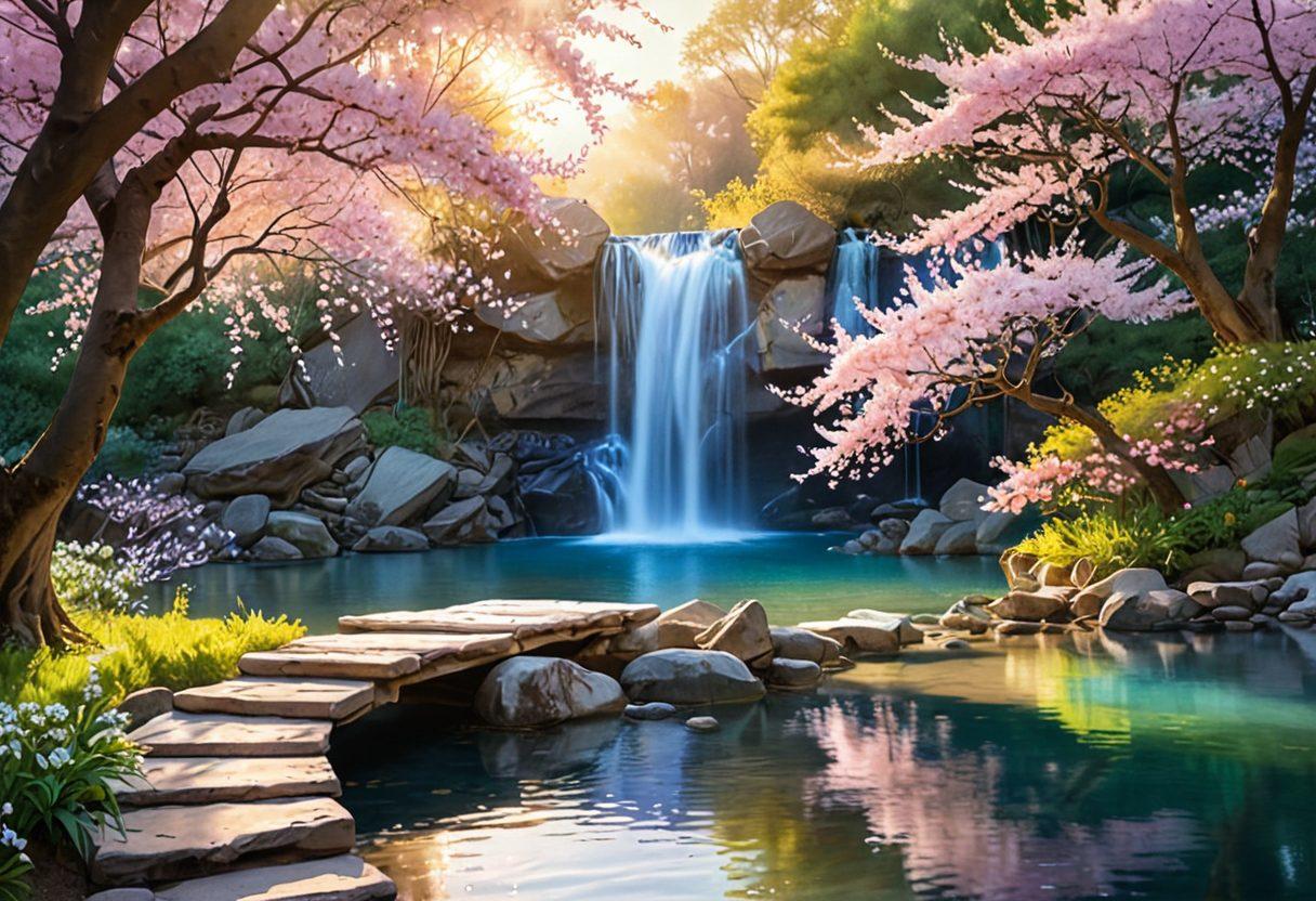 A serene landscape featuring a tranquil waterfall cascading into a crystal-clear pool, surrounded by blooming cherry blossom trees, glowing softly in golden sunset light. Ethereal figures in flowing robes meditate peacefully among the flowers, their presence embodying grace and transcendence. Gentle rays of light filter through the trees, creating a magical aura. Imbued with soft pastel colors to evoke calmness and spirituality. dreamy watercolor style. vibrant colors.